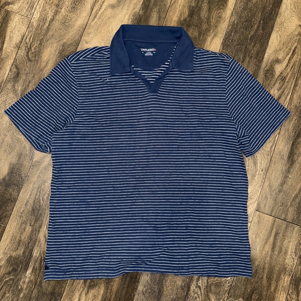 Untuckit Striped Polo Short-sleeve Shirt Navy Blue‎ 100% Cotton Men's Size Large